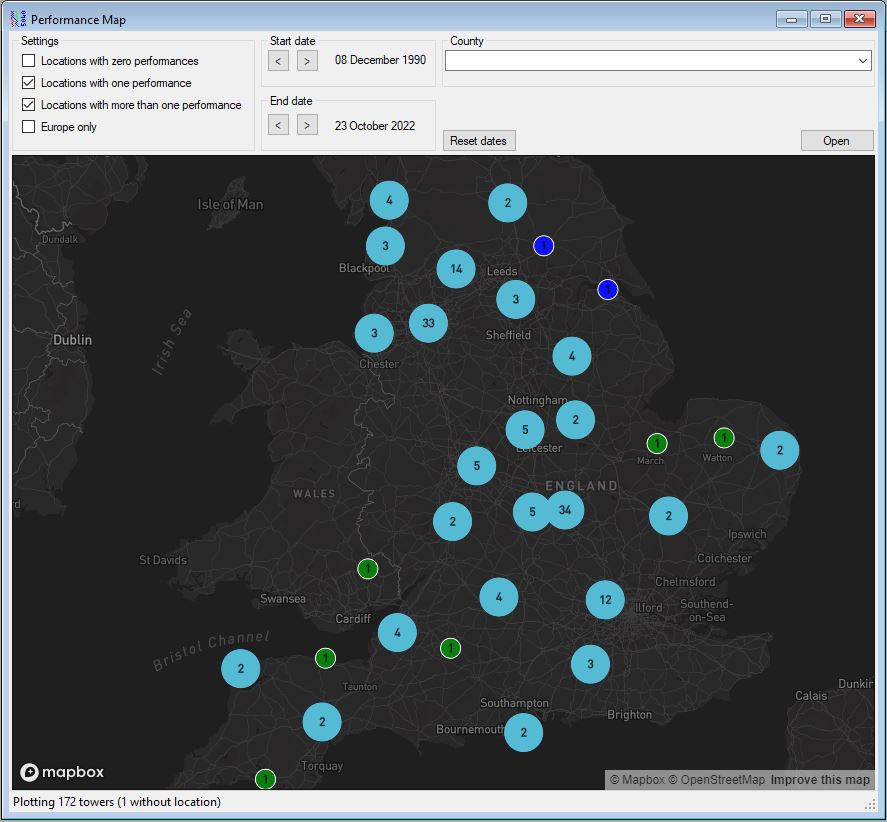Peal Map - Owen battye's database overview